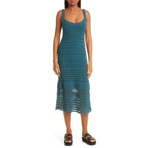 Vince Stretch Cotton Crochet Dress in Teal